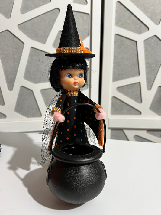 Retro Witch Doll - orange polkadot with cauldron