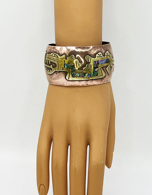 Vintage 50s Mexican Copper Quetzalcoatl Abalone Inlaid Cuff